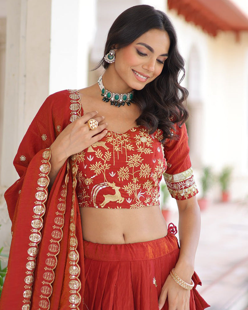 Red Color Vichitra Silk Sequence Embroidered Lehenga Choli