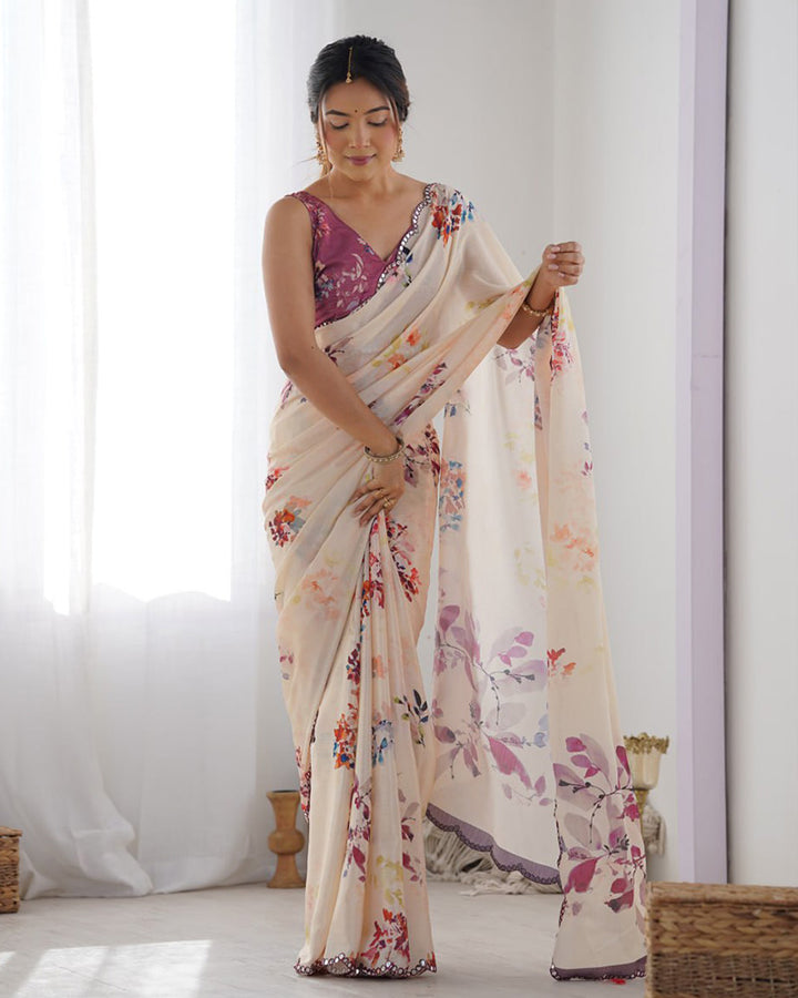 Cream Color Chinnon Silk Saree