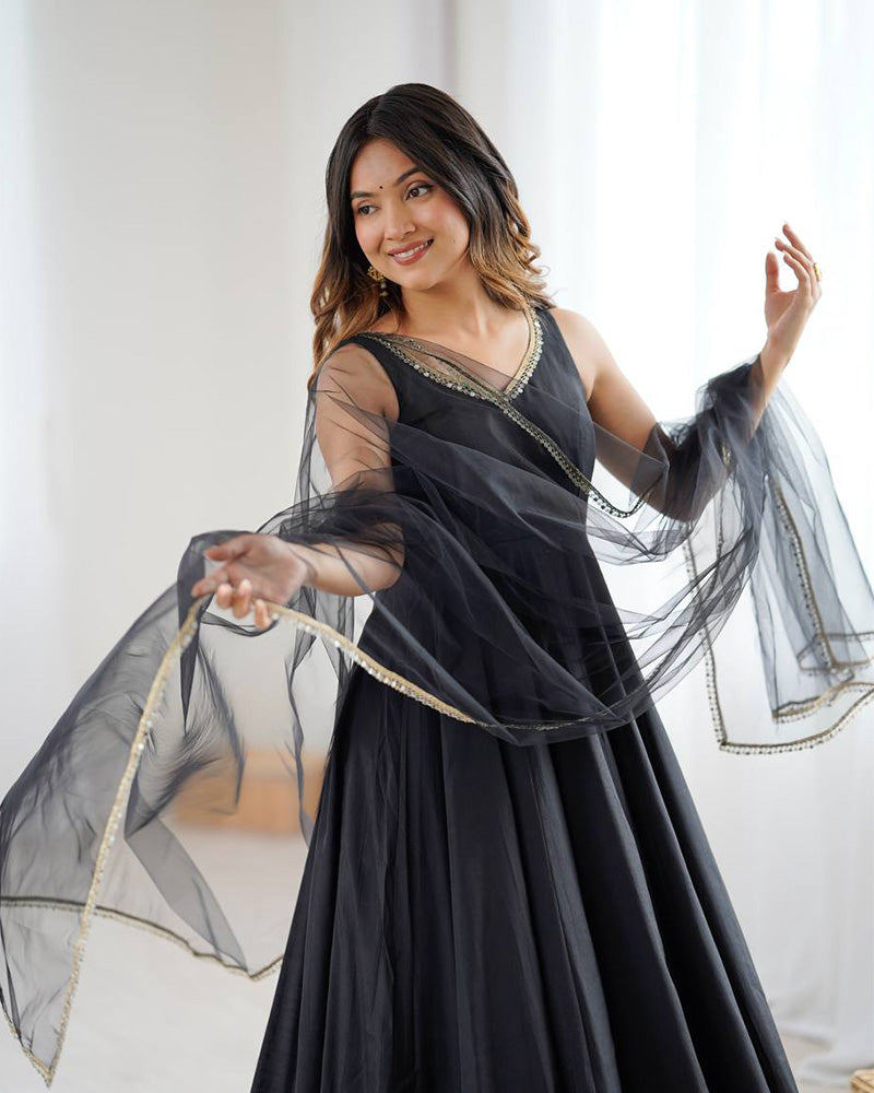 Black Color Chanderi Pure Roman Silk Anarkali Suit