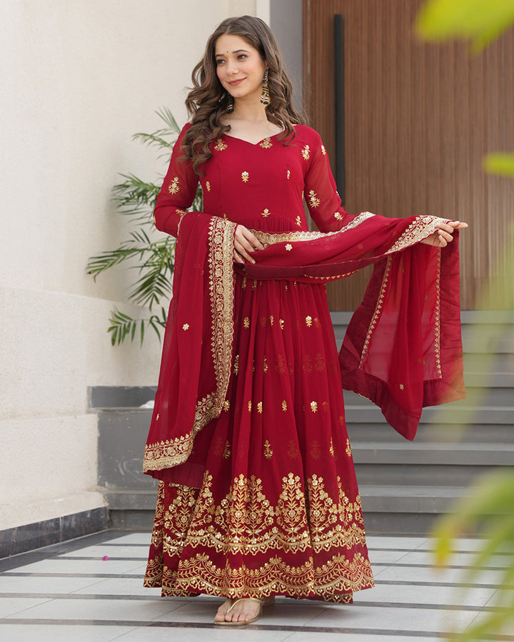 Maroon Color Designer Blooming Embroidered Gown