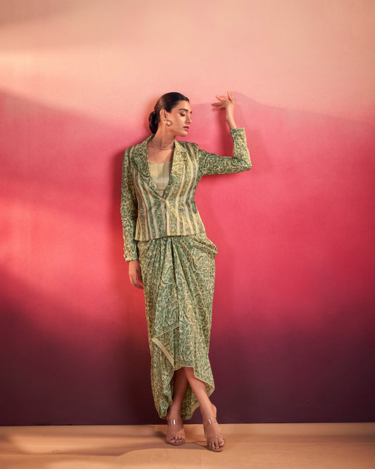 Pista Green Printed Jacket Style Indo-Western Co-Ord Set