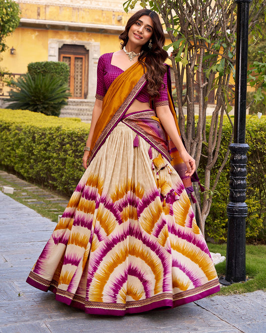 Wine Color Tasar Silk Dye Printed Lehenga Choli