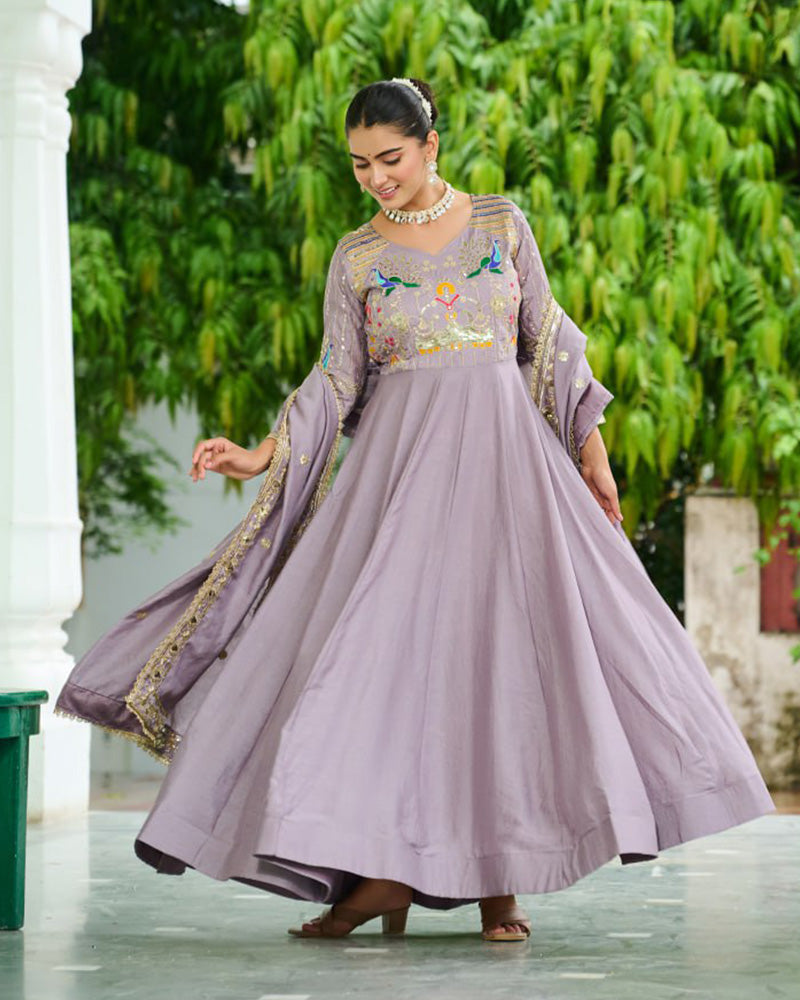 Lavender Color Vichitra Silk Sequence Embroidered Gown