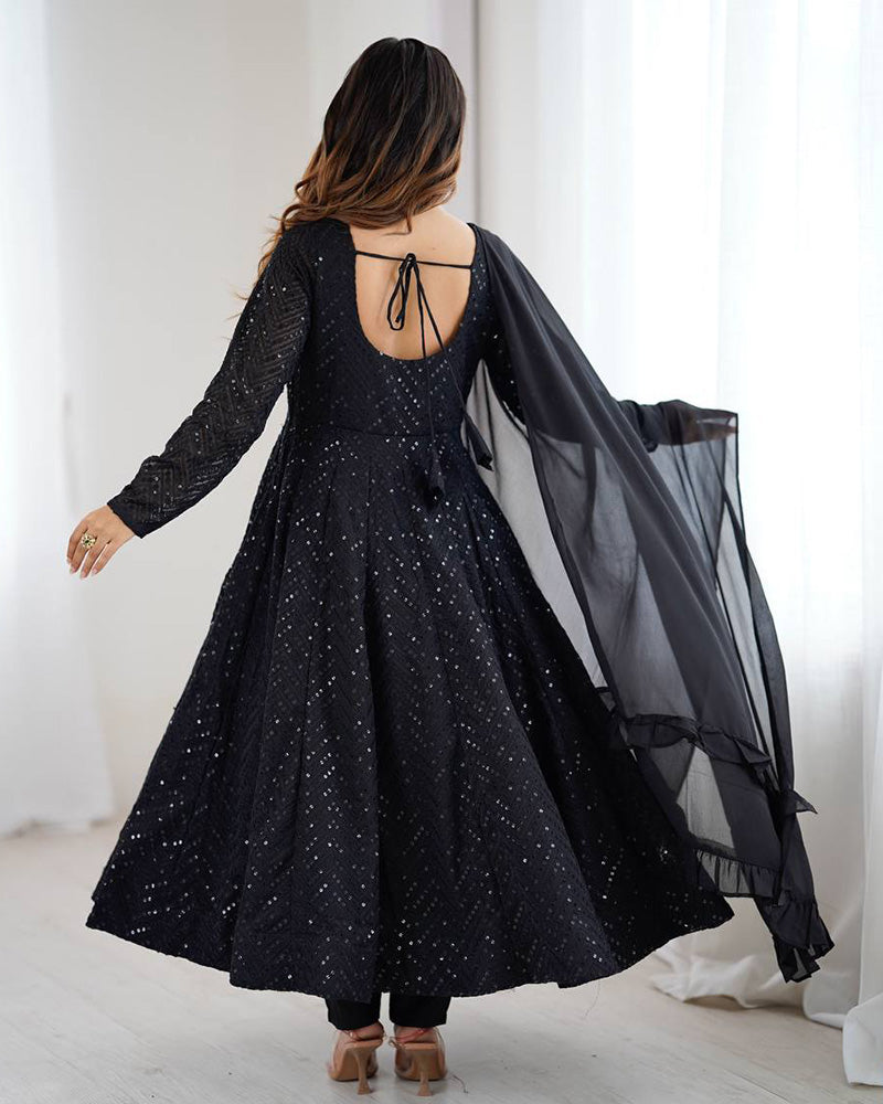 Black Color Georgette Lucknowi Three Piece Anarkali Suit