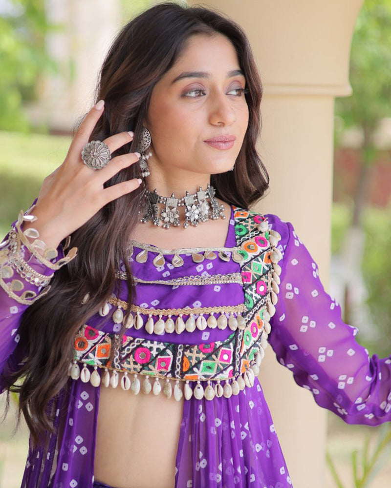 Purple Color Bandhani Printed Kurti With Kora Cotton Lehenga Choli