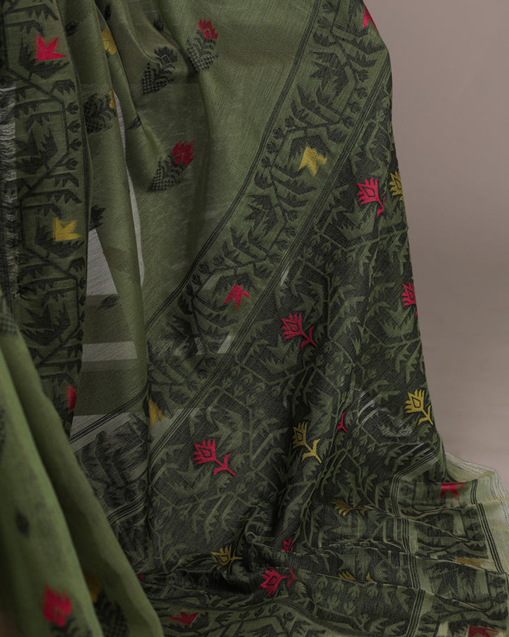 Mehndi Color Thread Weaving Poly Cotton Saree