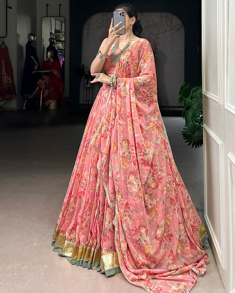 Peach Color Chiffon Printed Lehenga Choli