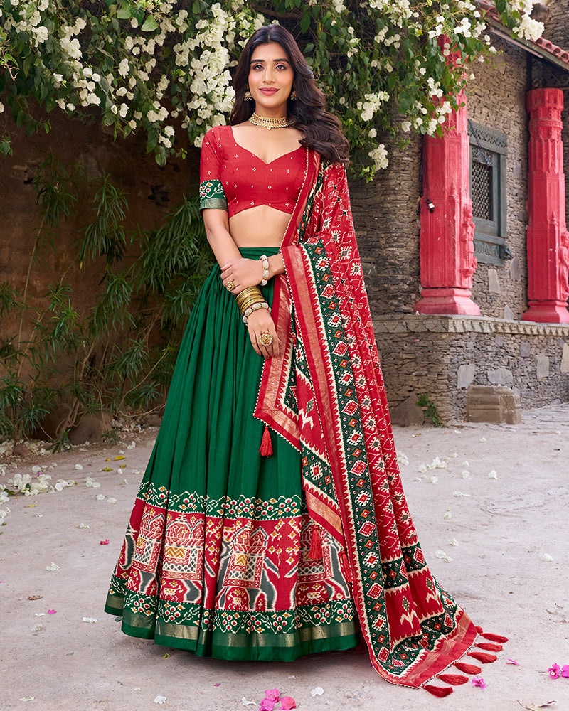 Designer Patola Printed Green Color Tussar Silk Lehenga Choli