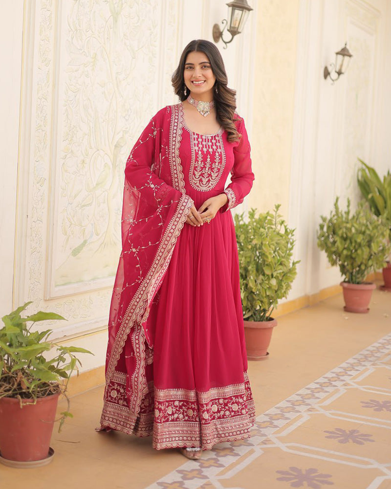 Pink Color Faux Blooming Rich Sequence Embroidered Gown