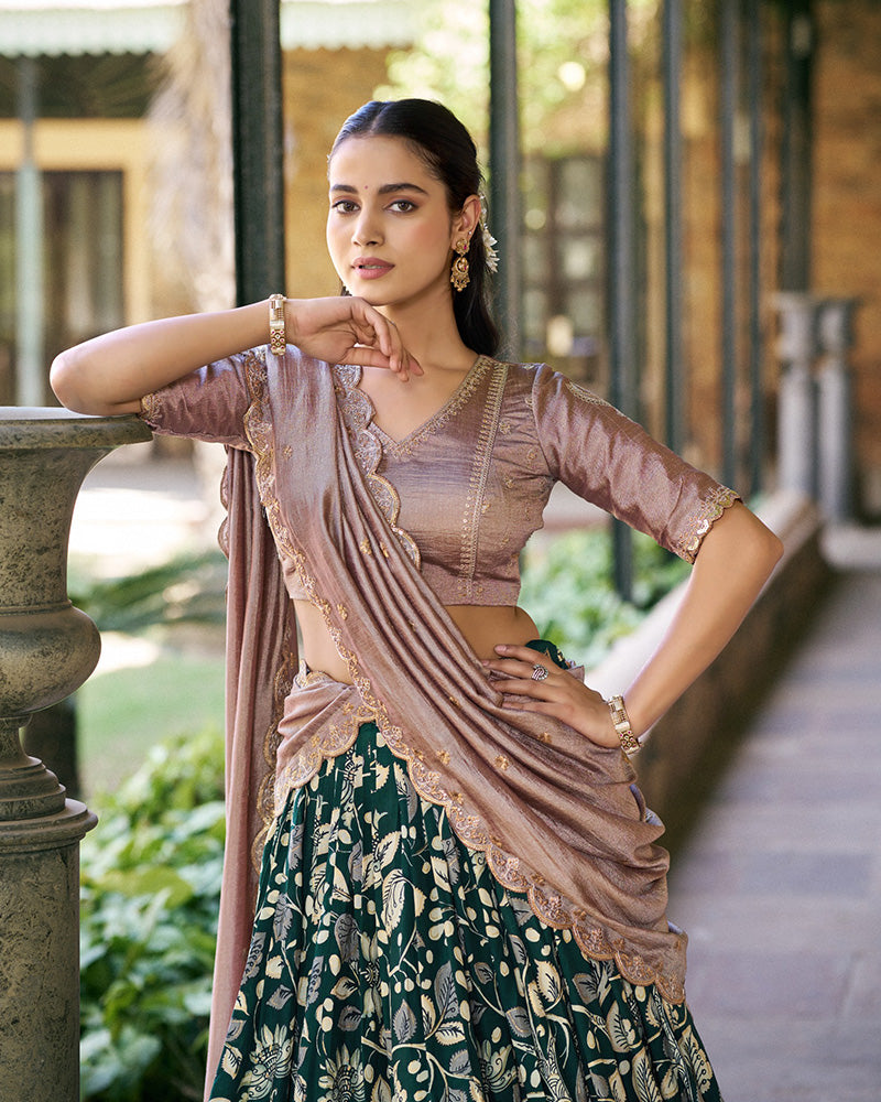 Green Color Tussar Silk Kalamkari Printed Lehenga Choli