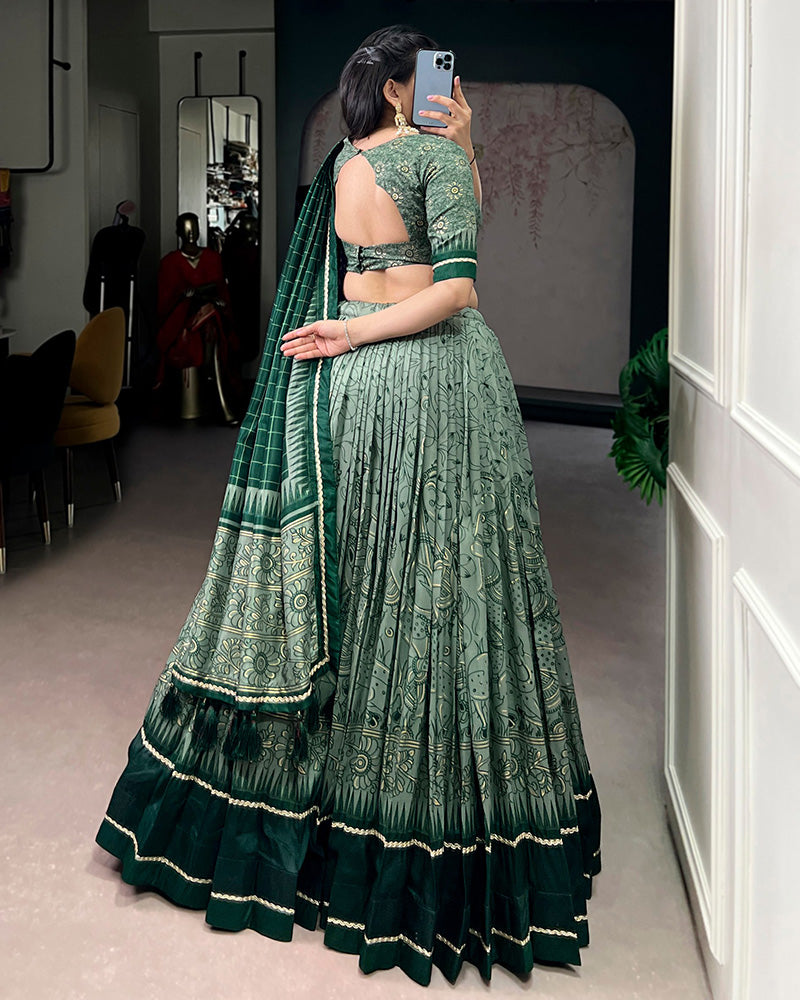 Green Color Tasar Silk Kalamkari Printed Lehenga Choli