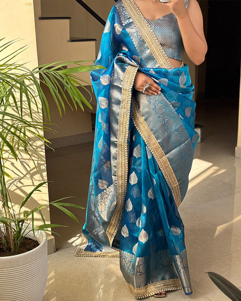 Sky Color Banarasi Tissue Gold Zari Weaving Saree