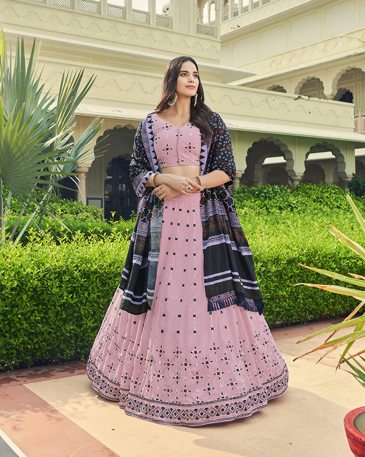 Designer Lavender Color Georgette Semi Stitched Lehenga Choli