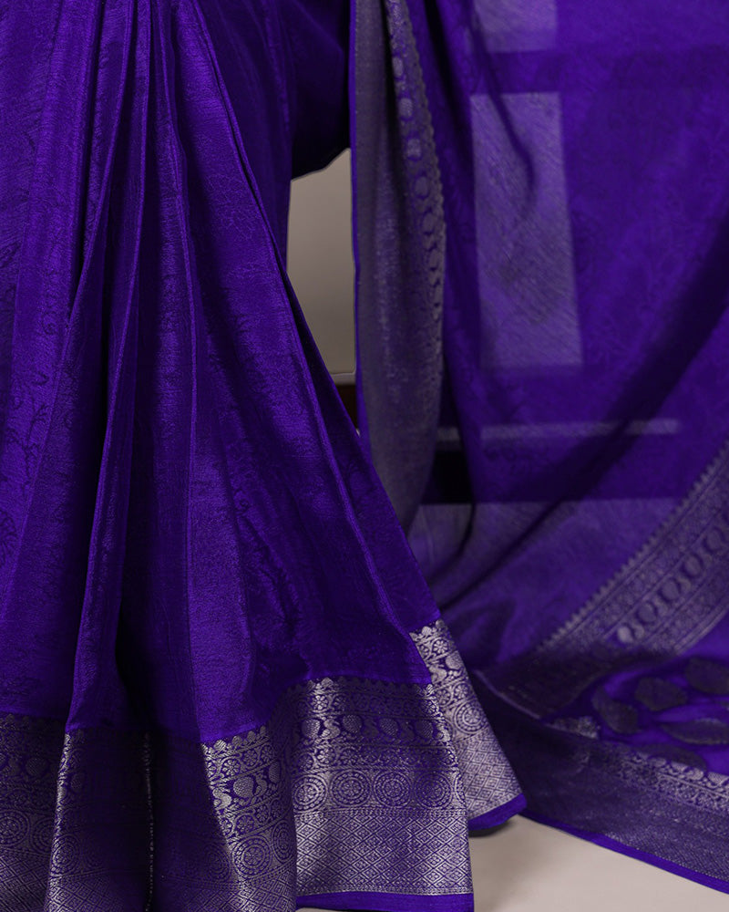 Royal Blue Color Chinon Self Printed Saree