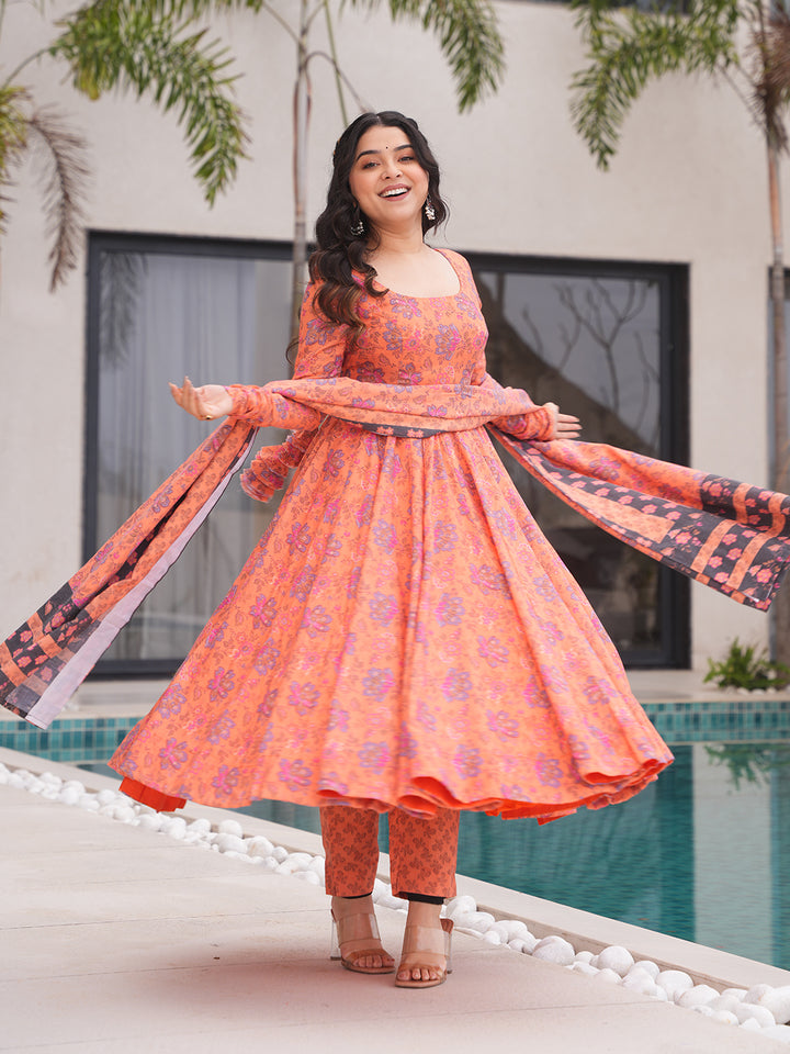 Orange Color Printed Soft Cotton Three Piece Anarkali Suit