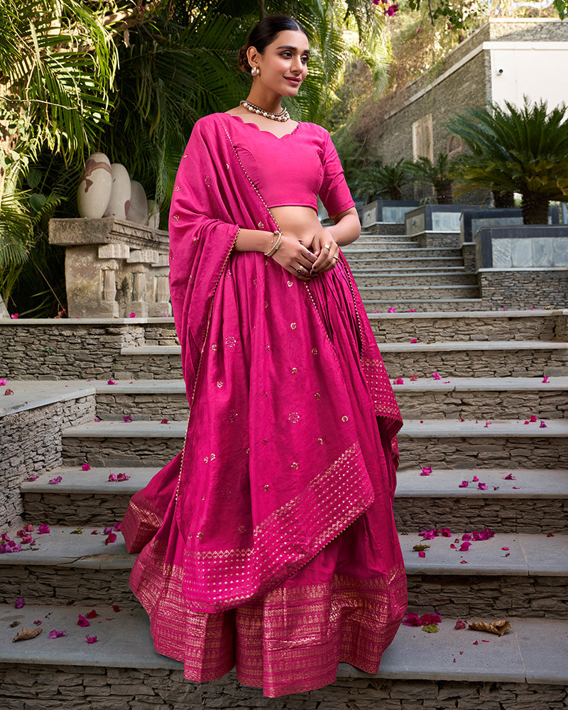 Pink Color Pure Chanderi Plain Navratri Lehenga Choli