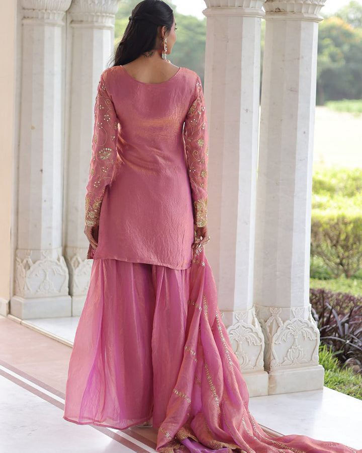 Baby Pink Color Fendi Silk Embroidered Sharara Suit