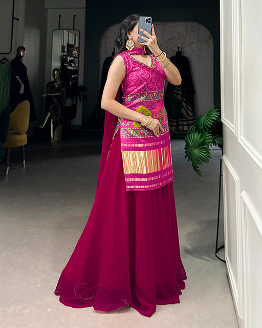 Pink Color Gaji Silk Three Piece Plazo Suit