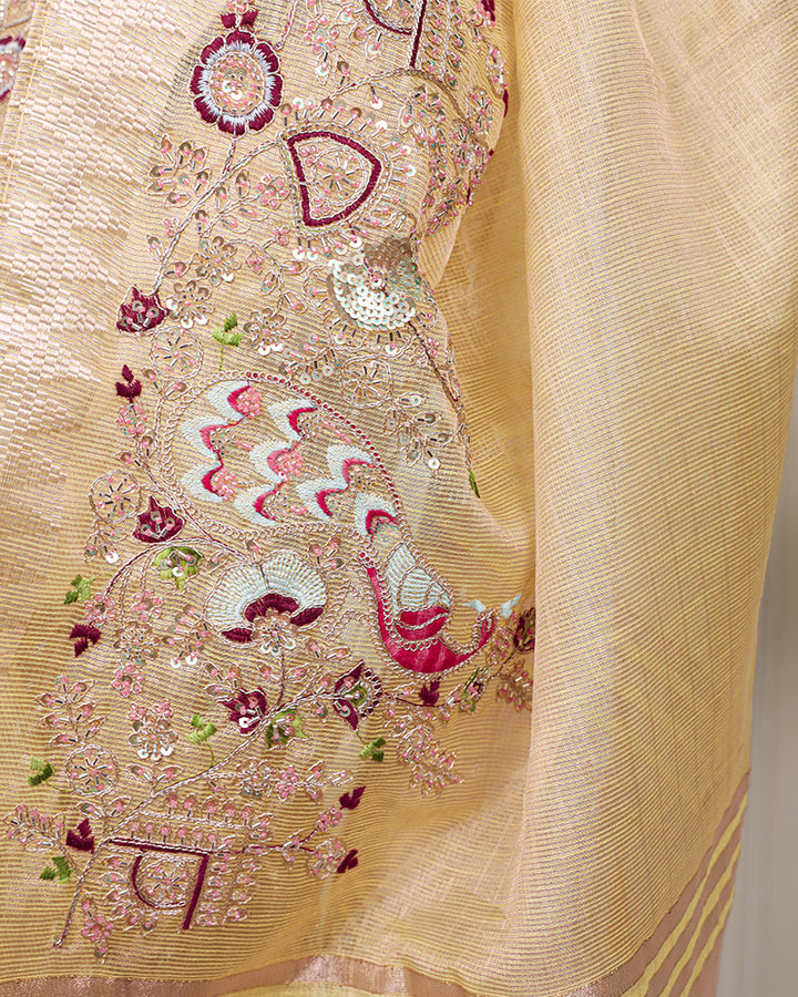 Yellow Color Embroidered Kota Tissue Saree