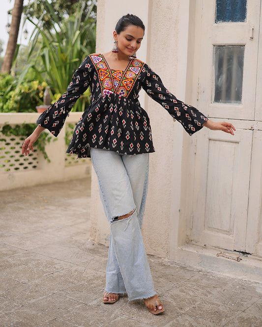 Black Color Cotton Printed Navratri Kediya