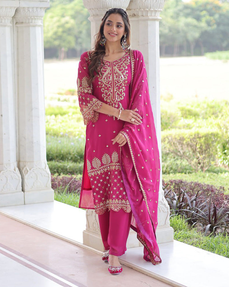 Rani Pink Color Georgette Embroidered Three Piece Kurti Suit