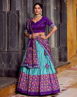 Sky Blue And Purple Ikkat Printed Tasar Silk Lehenga Choli