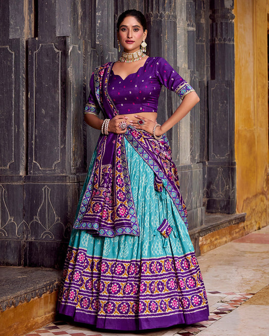 Sky Blue And Purple Ikkat Printed Tasar Silk Lehenga Choli
