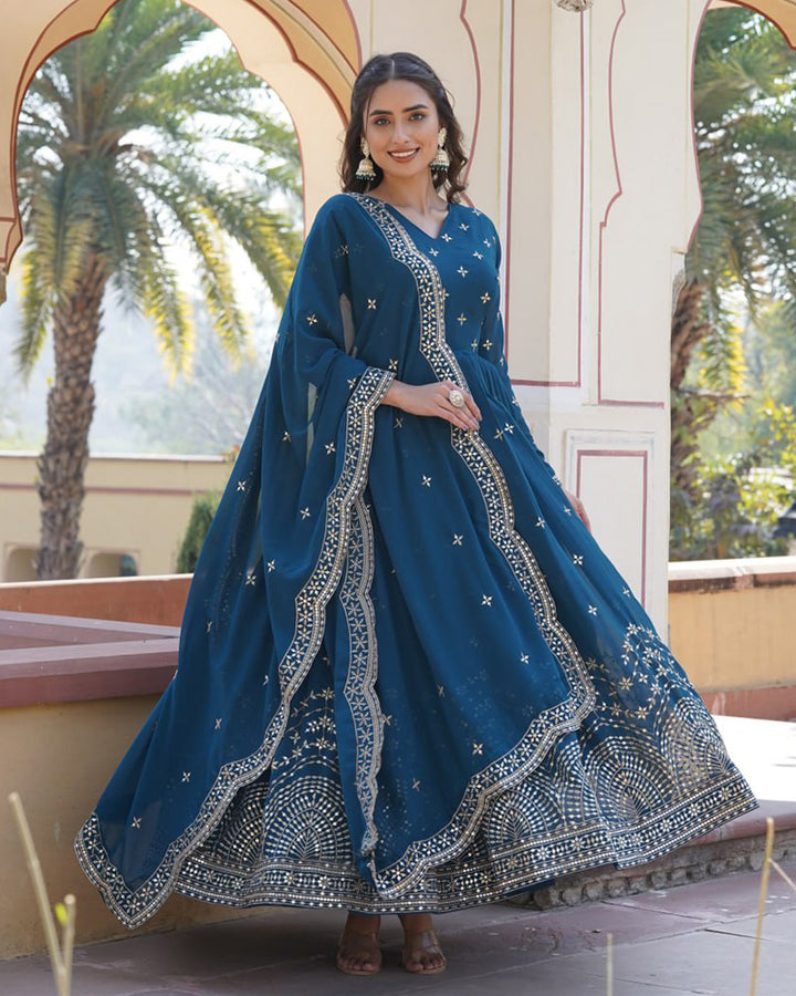 Rama Color Full Flair Anarkali Gown With Embroidered Dupatta