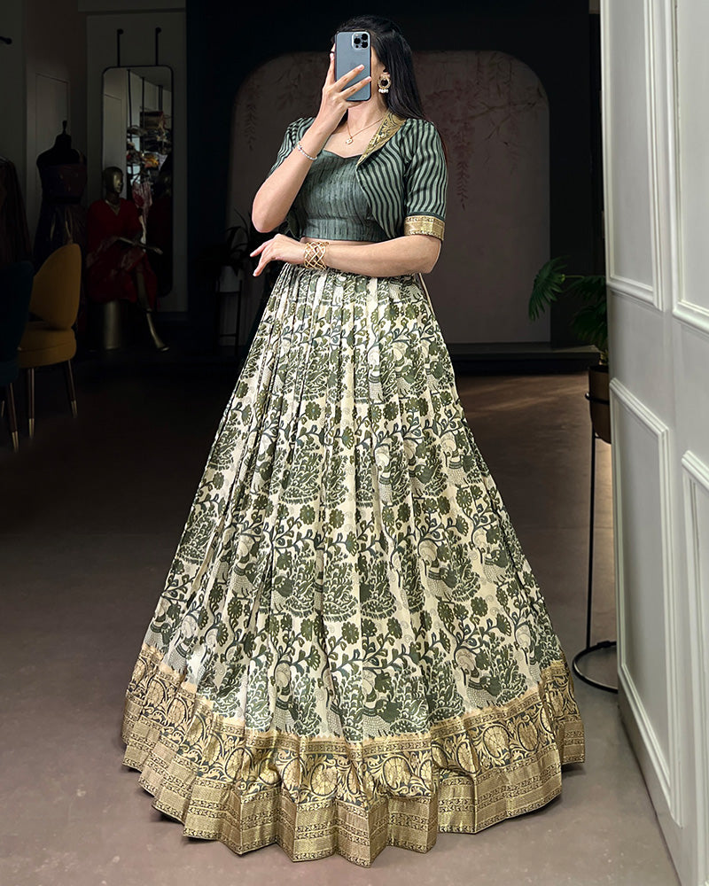 Green Color Tasar Silk Viscose Printed Lehenga Choli