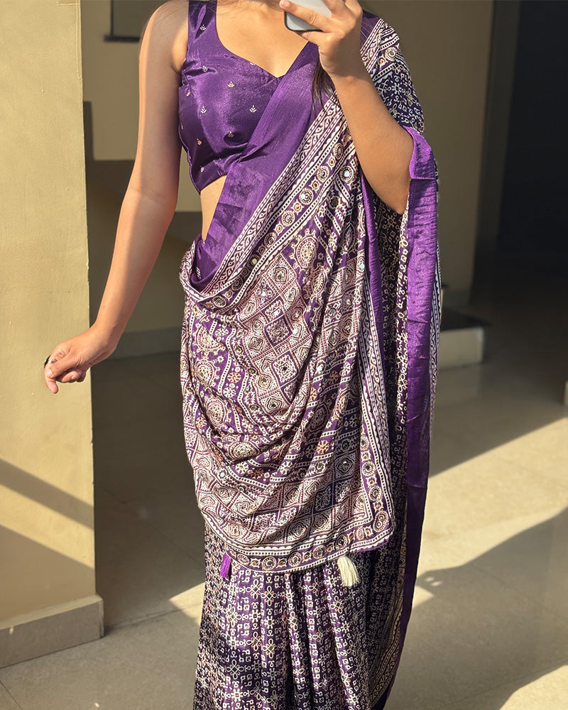 Purple Color Pure Crape Silk Ajarakh Print Saree