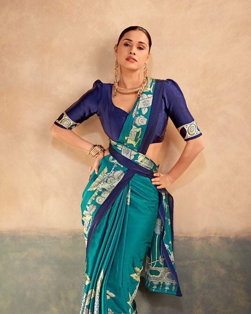 Firozi Color Satin Silk Kalamkari Printed Saree