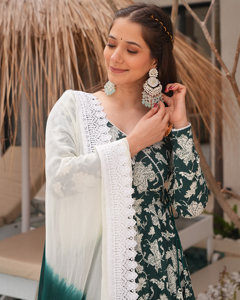 White And Green Color Floral Printed Cotton Anarkali Suit