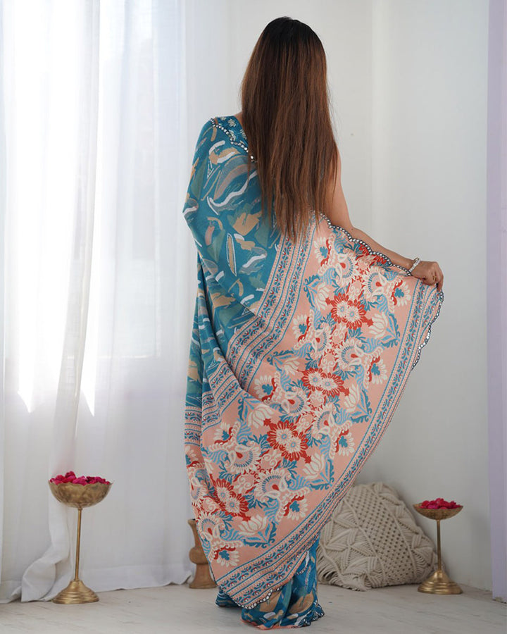 Firozi Color Chinnon Silk Saree