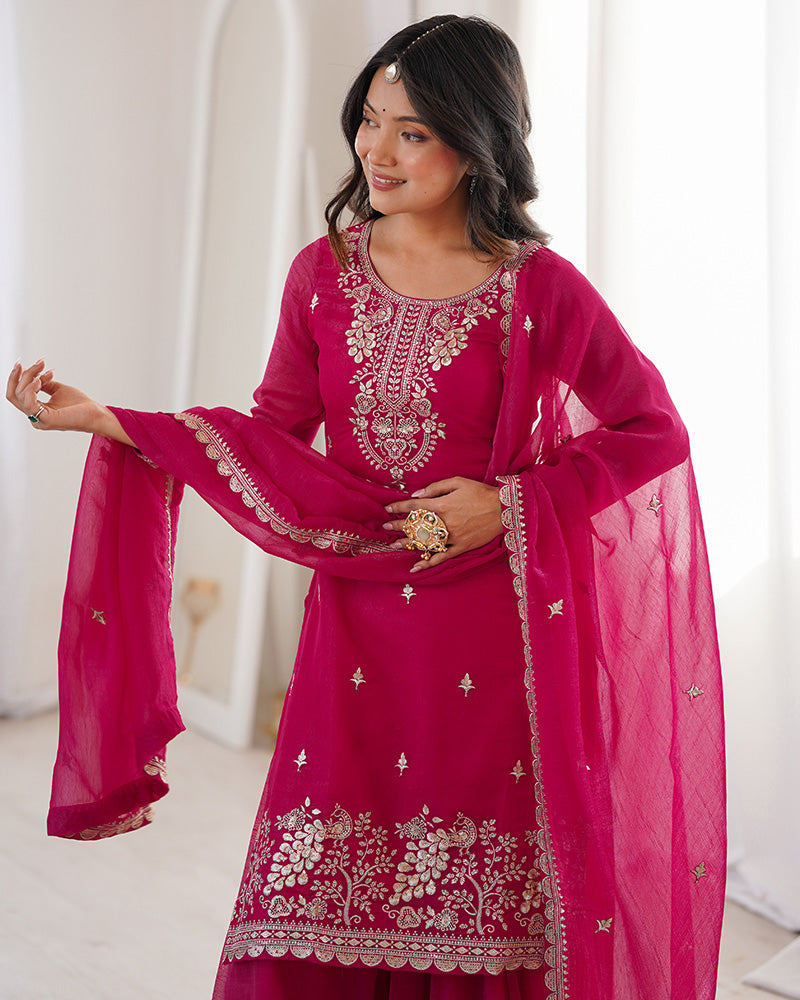 Rani Pink Color Soft Crunchy Silk Embroidered Plazzo Suit