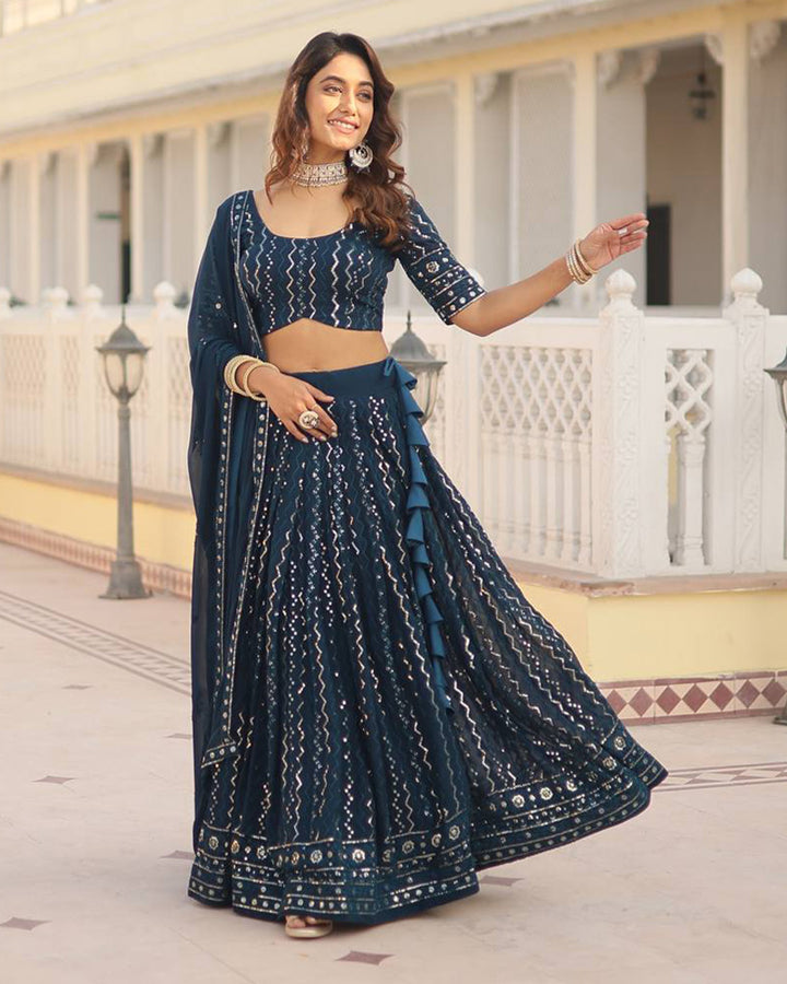 Rama Color Blooming Soft Georgette Heavy Embroidery Threaded Semi Stitched Lehenga Choli