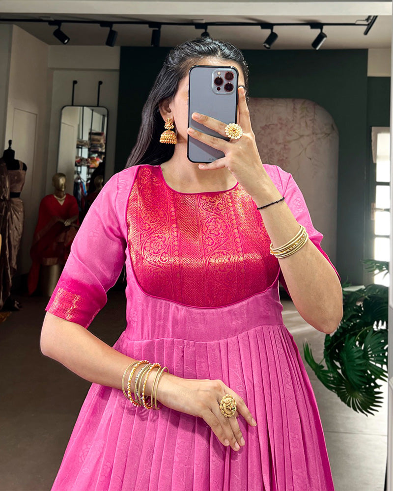 Pink Color Mass Mello Zari Weaving Gown