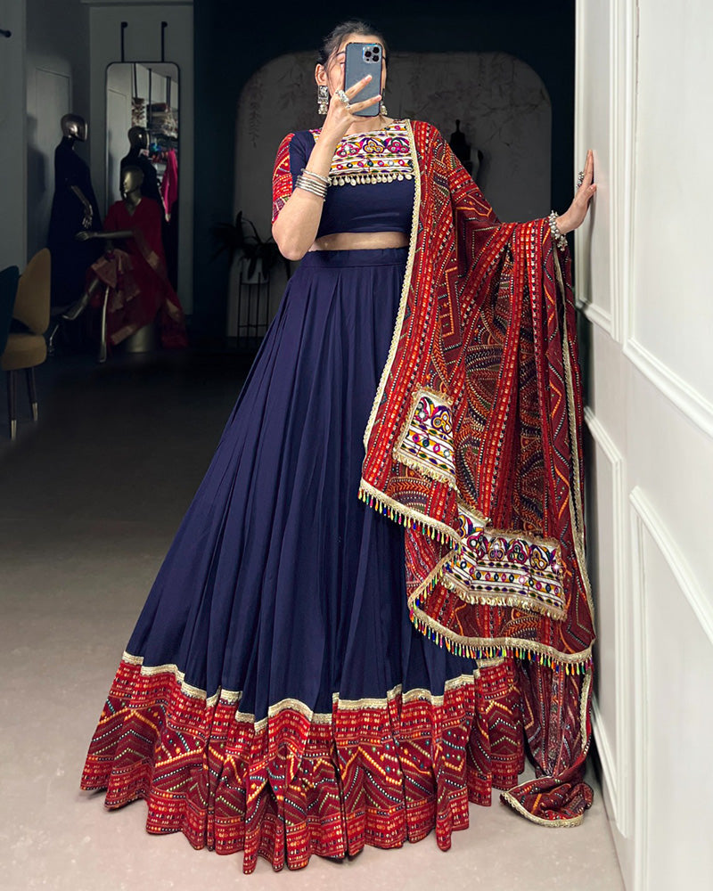 Navy Blue Color Pure Rayon Bandhej Print Navratri Lehenga Choli