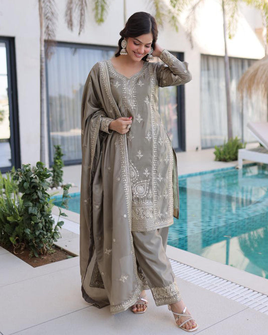 Grey Color Ho Silk Embroidered Kurti Suit