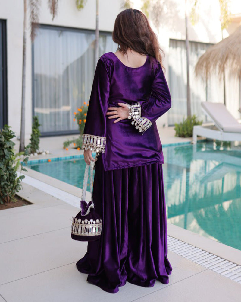 Deep Violet Color Ice Velvet Embroidered Plazzo Suit