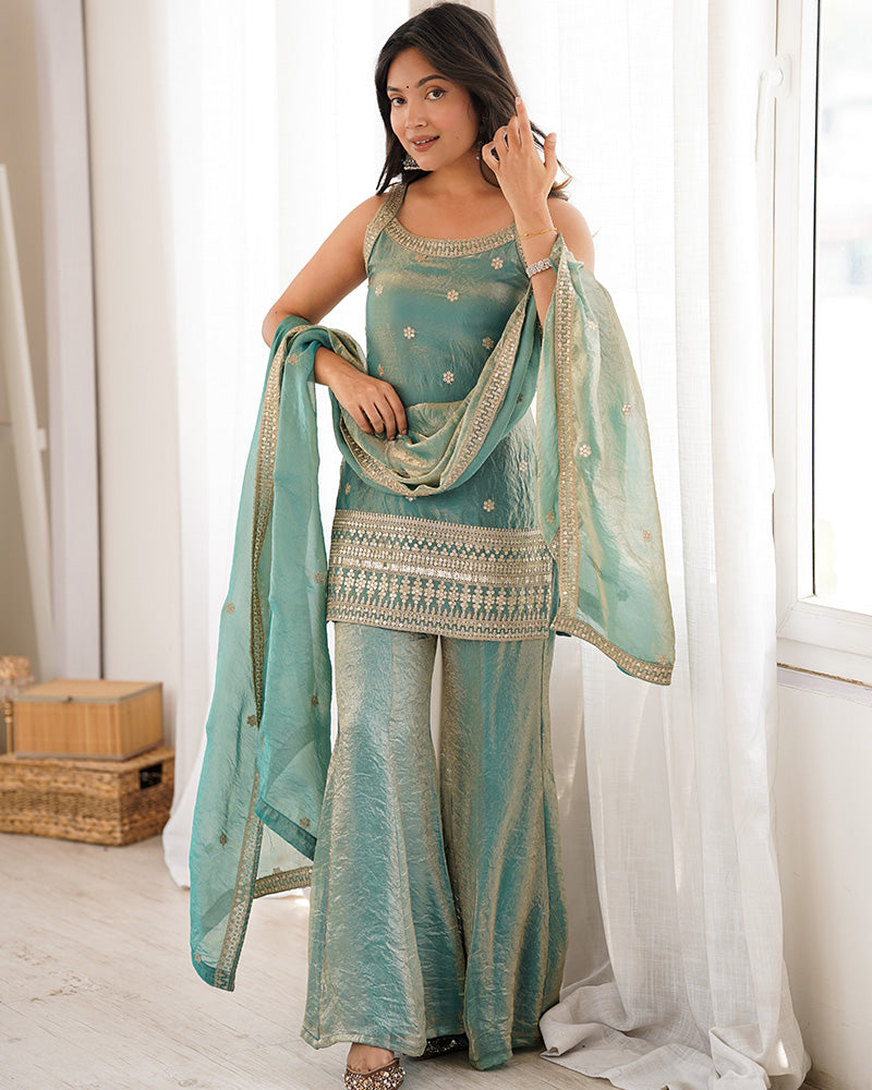 Sea Green Color Fendi Silk Embroidered Plazzo Suit