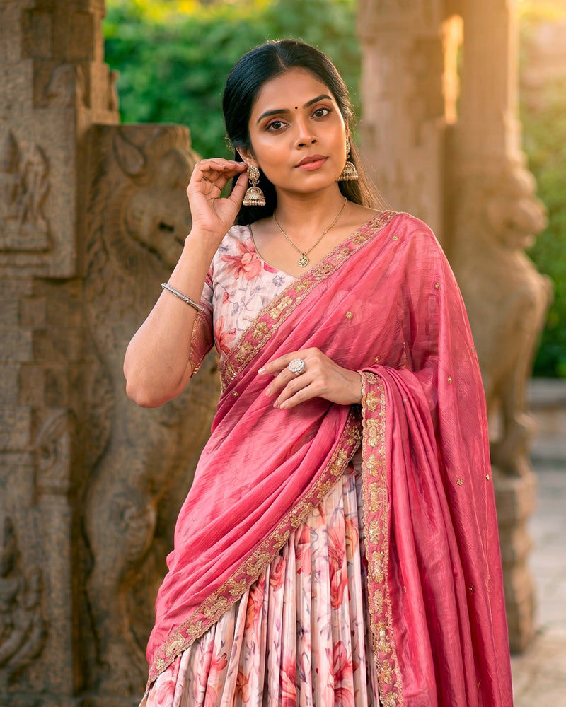 Red Color Dola Chex Floral Printed Half Saree
