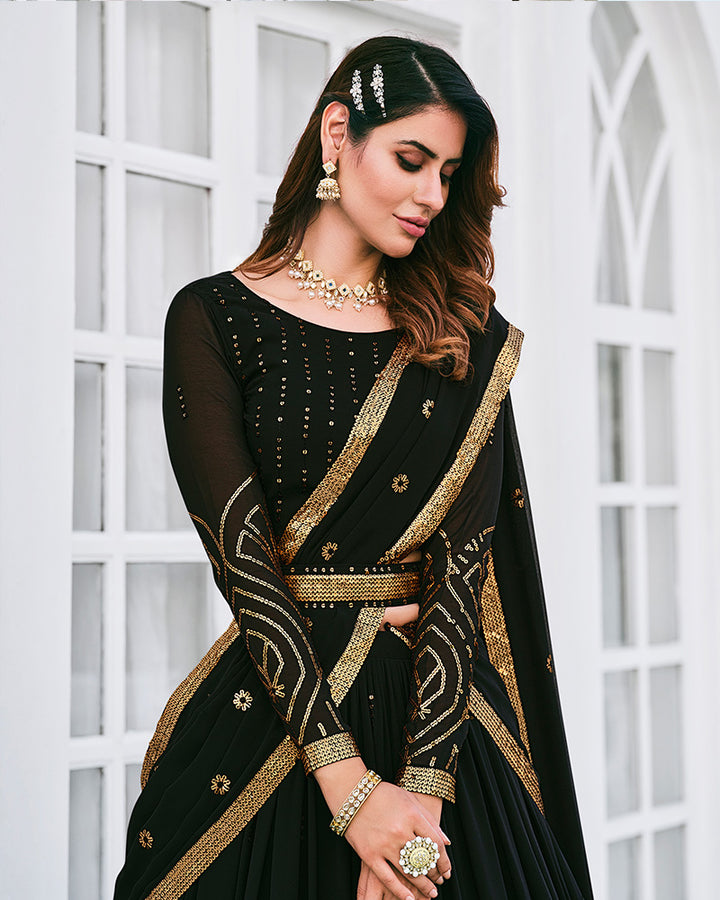 Black Color Sequence Embroidered Georgette Semi Stitched Lehenga Choli