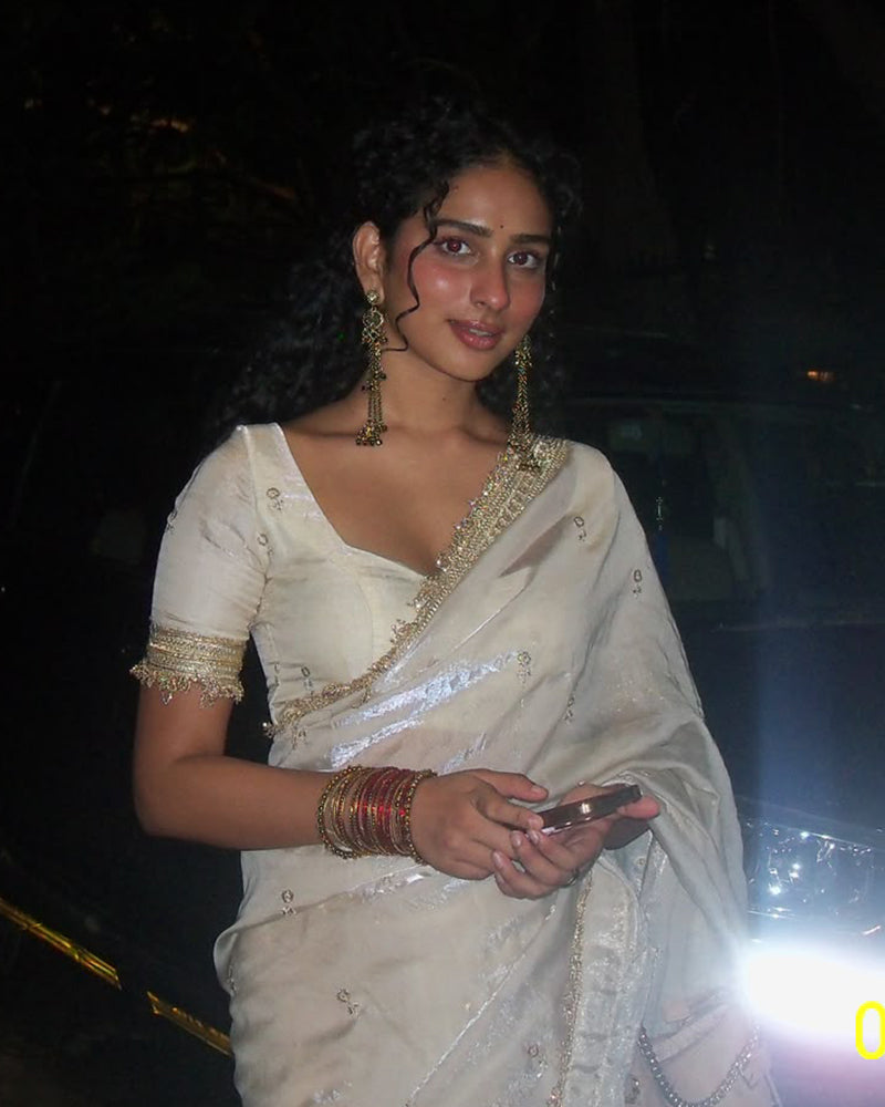 White Color Space Satin Embroidered Saree