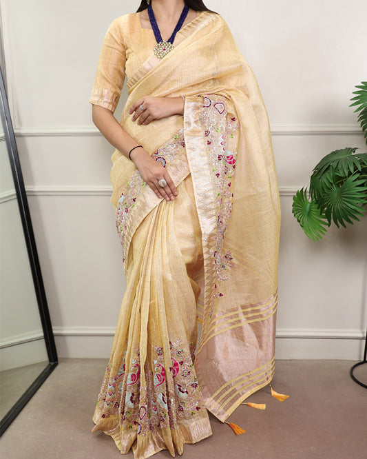 Yellow Color Embroidered Kota Tissue Saree