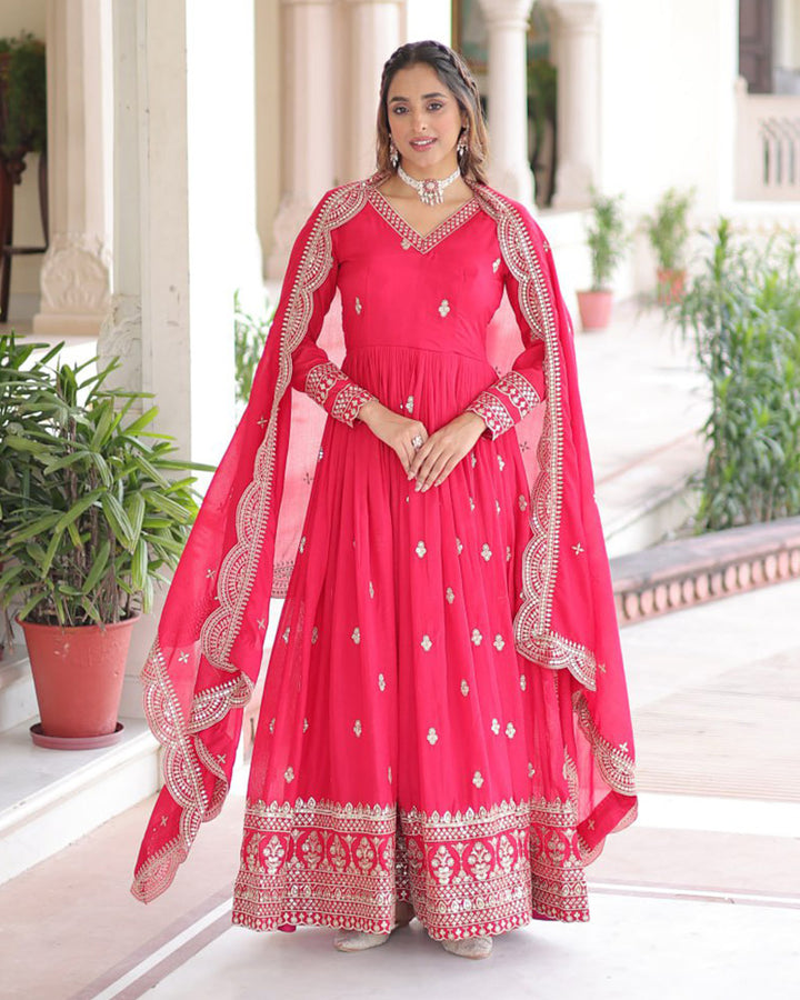 Bright Pink Vichitra Silk Sequence Embroidered Gown