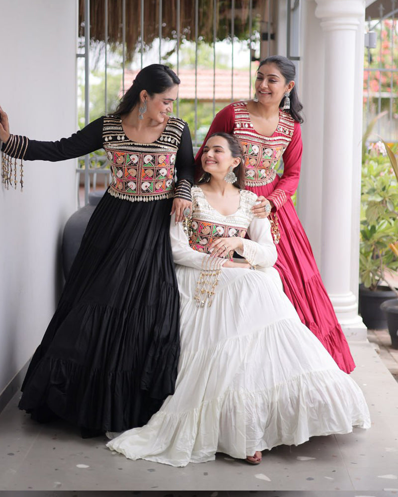 Three Color Rayon with Kutchi  Gamthi Work Navratri Gown