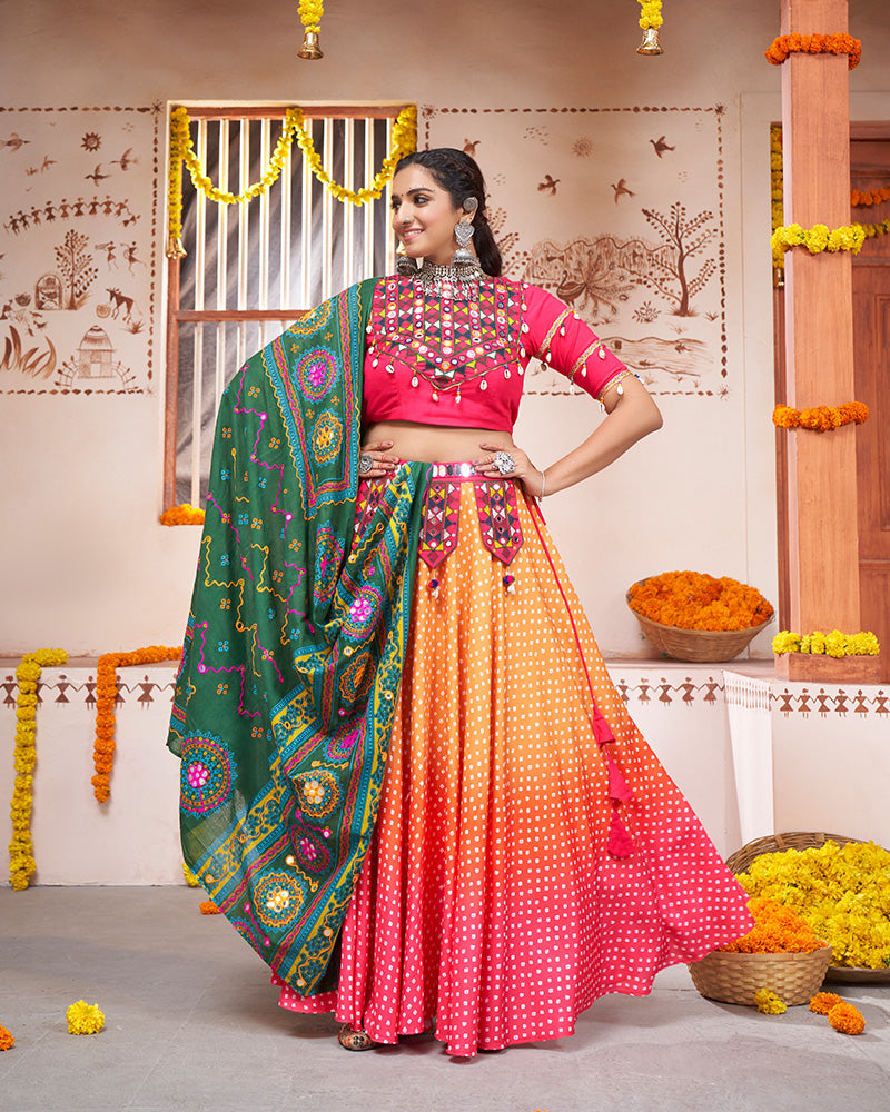 Yellow Pink Color Viscose Rayon Print And Mirror Work Fully Stitched Navratri Lehenga Choli