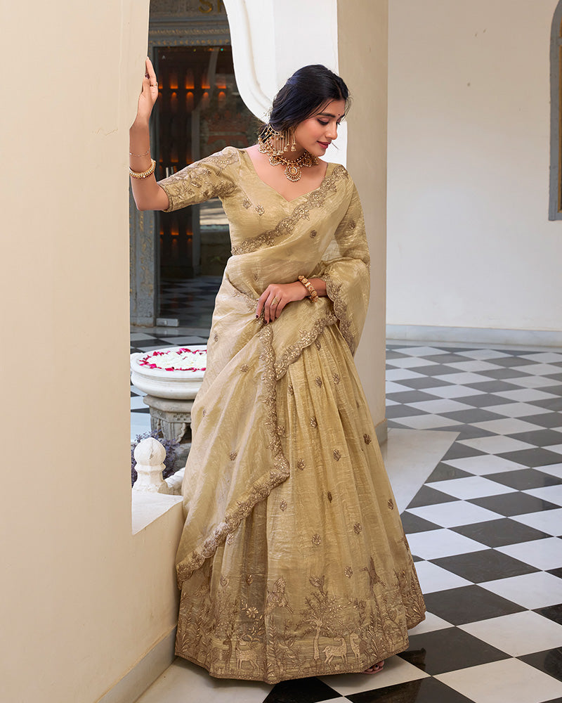 Off-White Color Gold Crush Embroidered Lehenga Choli