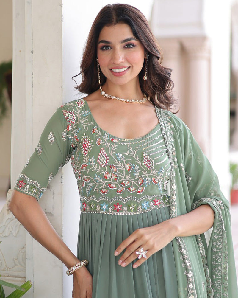 Pastel Green Color Faux Blooming Embroidered Gown