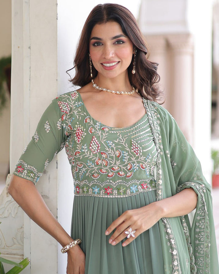 Pastel Green Color Faux Blooming Embroidered Gown